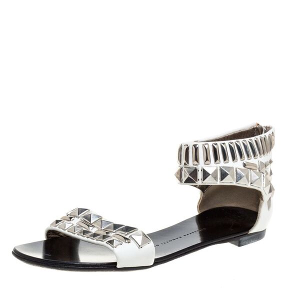 Giuseppe Zanotti Shoes - Giuseppe Zanotti White Leather Studded Ankle Cuff Zipper Flats Size 36